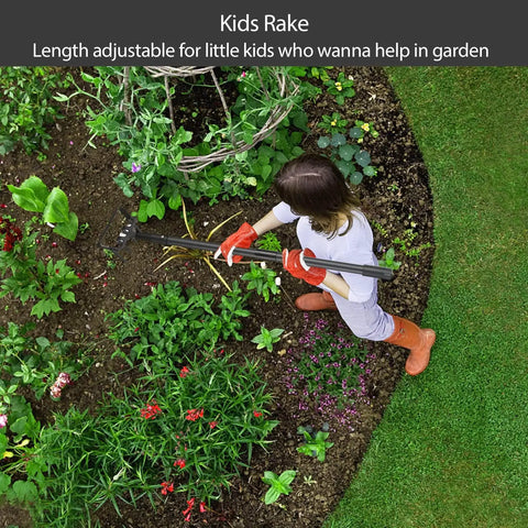 Child using Stirrup Hoe And Cultivator Garden Tool Heavy Duty With 4 Tine Weeder And Long Adjustable Handle in garden