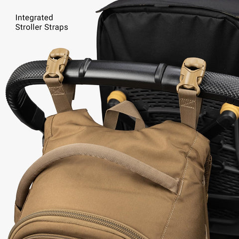 MOLLE Compatible Diaper Backpack for Dads With Built-In Changing Mat And Stroller Straps, shown with integrated stroller straps.