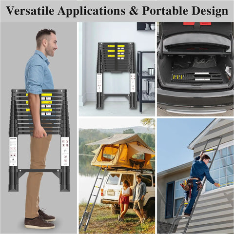 Heavy Duty Aluminum Telescoping Ladder 12.5 Ft Extension Ladder 330 Lb Load Black With Auto Lock Pins Anti Slip Rungs Textured Steps For Rock Solid Stability And Easy Safe Reach., folded ladder in car trunk and used at roof