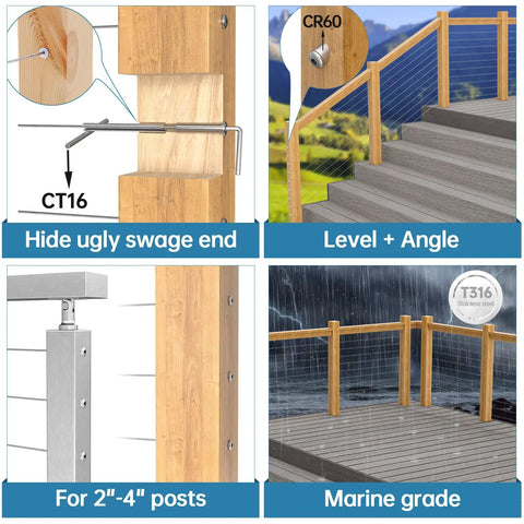Invisible Cable Railing Kit With Hidden Swage Tensioner, 316 Stainless Steel, One Eighth Inch, for Wood or Metal Posts, Deck Use