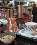 IST Series Thick Solid Copper Engraved Cezve For Stovetop Turkish Greek Arabic Coffee Pot Ibrik Jazve Briki Style on counter
