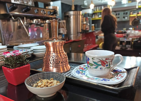 IST Series Thick Solid Copper Engraved Cezve For Stovetop Turkish Greek Arabic Coffee Pot Ibrik Jazve Briki Style on counter