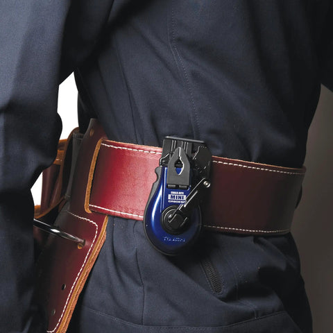 Professional Grade Hella Durable Mini Chalk Line Tool featuring heavy duty aluminum housing, attached to a tool belt.
