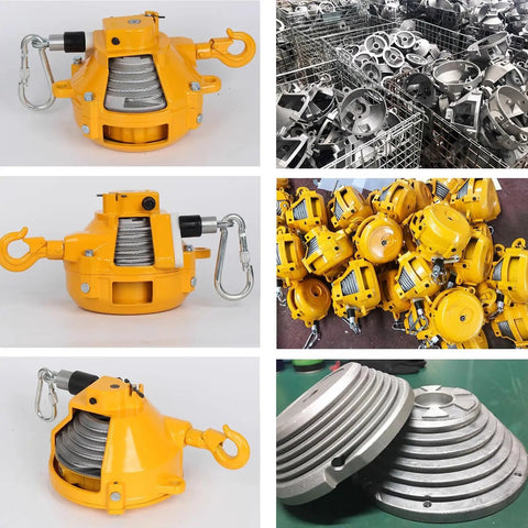 Heavy Duty Adjustable Tool Balancer And Retractor For Moving Tools And Fixtures Telescopic Spring Balancer With 25 30 45 60 80 100 150 180 Lbs Load Range Aluminum Hook Torsion Adjust Ideal For Shops Garages And On The Job Pro Grade Gear shown in various angles and close-ups, highlighting yellow casing and metal components.