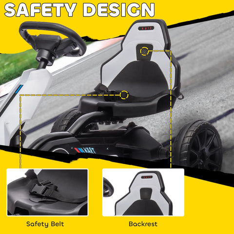 12V Electric Go Kart For Kids With Forward And Backward Drive, adjustable seat and safety design, white with black accents