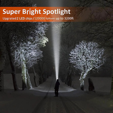 Ultra Bright 120000 Lumen LED Spotlight With 10000mAh Rechargeable Battery illuminating trees at night, showing long-distance beam