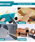 Libraton Deburring Tool Kit 12 In 1 With Ergonomic Aluminum Handle And Eleven High Speed Steel Blades being used on plastic, wood, steel, and copper.