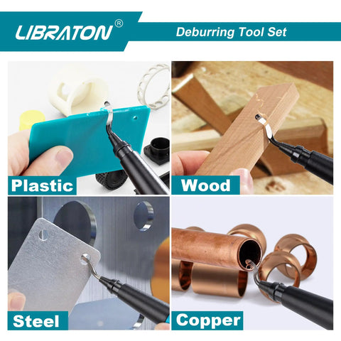Libraton Deburring Tool Kit 12 In 1 With Ergonomic Aluminum Handle And Eleven High Speed Steel Blades being used on plastic, wood, steel, and copper.