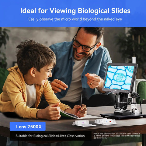 TriL110 3 Lens Digital Microscope With 10.1 Inch IPS Screen 2500X HD coin view on table for biological slides