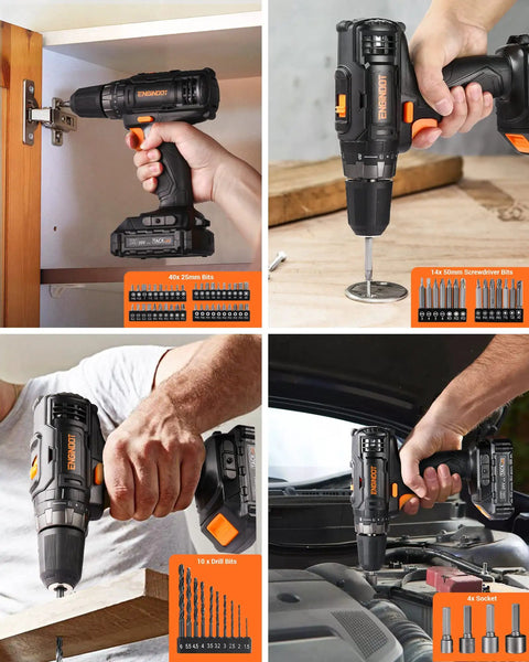 Must Have Cordless Drill Set With 108 Piece Home Tool Kit in use for cabinet, woodworking, and car engine tasks