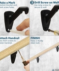 Heavy Duty Black Hand Rail Brackets Six Piece Set For Indoor Stairs And Outdoor Use Durable Three Inch Banister Support Hardware installation guide.