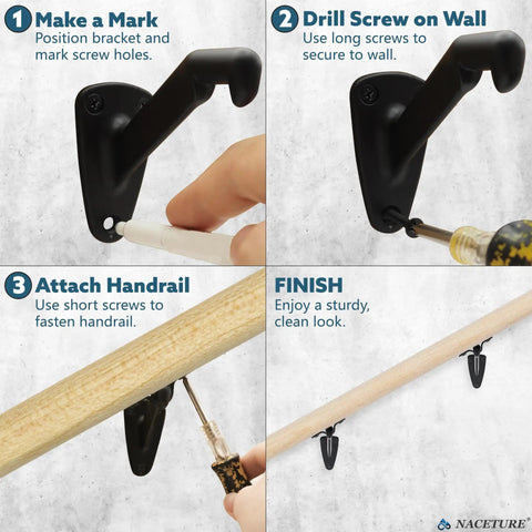 Heavy Duty Black Hand Rail Brackets Six Piece Set For Indoor Stairs And Outdoor Use Durable Three Inch Banister Support Hardware installation guide.