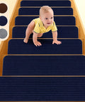 Non Slip Stair Treads 8x30 Inches 15 Pack Navy Blue with baby crawling, showcasing safety for kids with anti-slip surface.