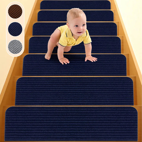 Non Slip Stair Treads 8x30 Inches 15 Pack Navy Blue with baby crawling, showcasing safety for kids with anti-slip surface.