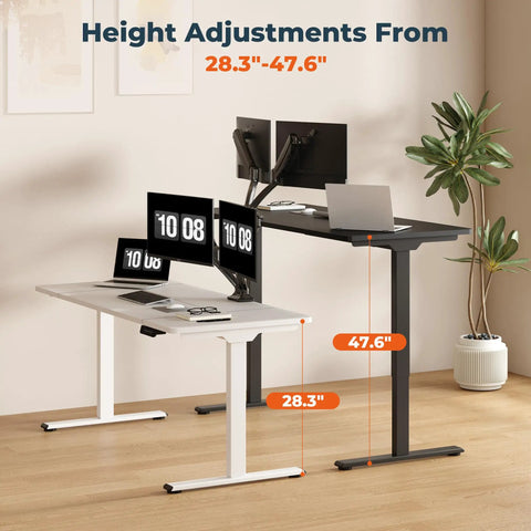 Fitstand Extra Large Standing Desk Dual Motor Electric Height Adjustable Sit Stand Workstation showing height adjustments 28.3"-47.6".