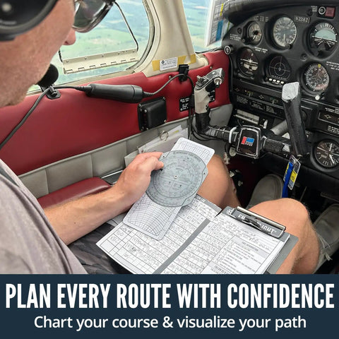 Pilot using E6B Flight Computer And Aviation Plotter For Pilots in cockpit for IFR and VFR navigation planning.