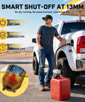 Man using Badass Cordless Fuel Transfer Pump Compatible With DeWalt And Milwaukee Power Tools for refueling truck.