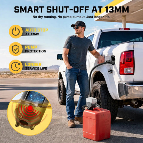 Man using Badass Cordless Fuel Transfer Pump Compatible With DeWalt And Milwaukee Power Tools for refueling truck.