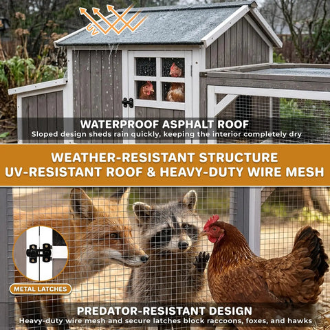 Spacious Backyard Chicken Coop With Walk-In Run And Wheels For 3 To 6 Hens, 95.3 Inch Wooden Hen House with UV-Resistant Roof and Mesh