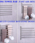 Six Arm Swing Arm Towel Bar Wall Mount Rack In Brushed Stainless Steel For Bathroom Space Saving Towel Organizer That Holds Six Towels And Air Dries Faster Easy Install Durable Modern shown with towels and loofah
