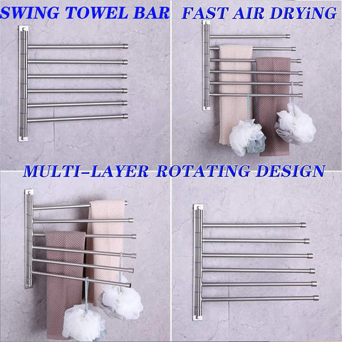 Six Arm Swing Arm Towel Bar Wall Mount Rack In Brushed Stainless Steel For Bathroom Space Saving Towel Organizer That Holds Six Towels And Air Dries Faster Easy Install Durable Modern shown with towels and loofah