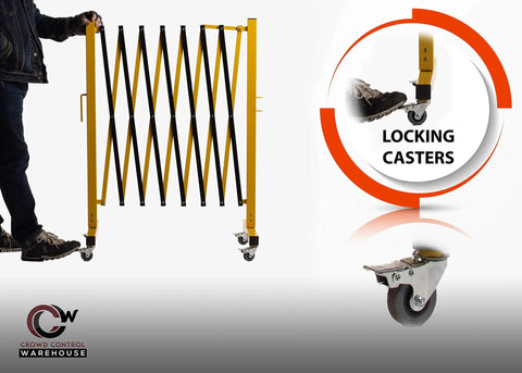 Heavy Duty Expandable Metal Barricade, 11 Ft Yellow Black Folding Security Gate with locking casters for easy movement.