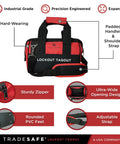 Heavy Duty Lockout Tagout Bag, Large LOTO Tool Organizer with padded handles and adjustable strap for easy carrying.