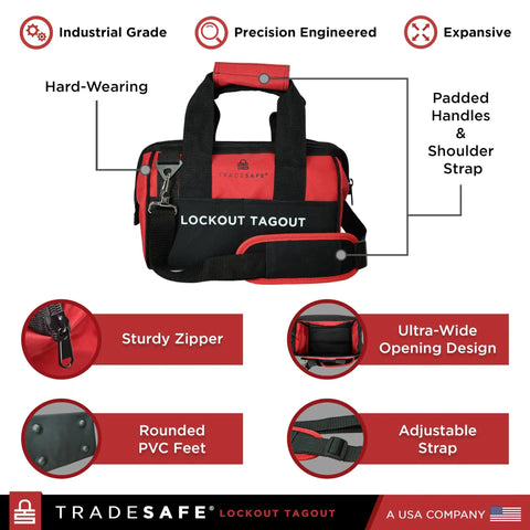 Heavy Duty Lockout Tagout Bag, Large LOTO Tool Organizer with padded handles and adjustable strap for easy carrying.