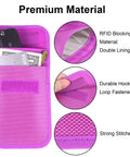 Purple RFID Key Fob Protector And Faraday Bag shown with key and card, highlighting double lining, hook and loop fastener.