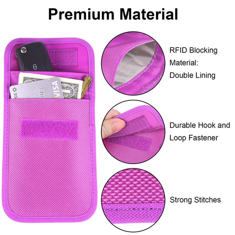 Purple RFID Key Fob Protector And Faraday Bag shown with key and card, highlighting double lining, hook and loop fastener.