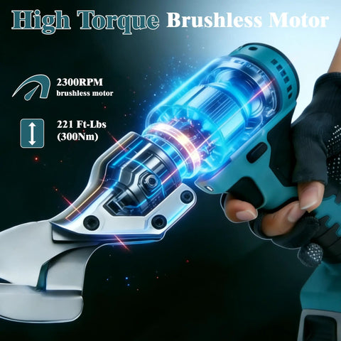 Close-up of Cordless 14 Gauge Sheet Metal Cutter With 360 Degree Pivoting Head And 400Nm Brushless Motor Electric Metal Shears.