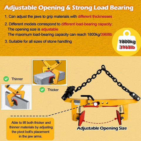 Heavy Duty Granite Slab Lifting Clamp With Wide Jaw Stone Carrier For Surefire Towing And Handling Adjustable 66 To 125 Cm Opening showing adjustable jaws for thicker and thinner materials