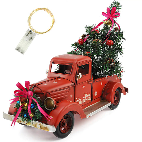 Red Metal Truck With Led String Light And Christmas Tree Ornaments Bell For Tabletop Xmas Decor And Fireplace Mantel Vintage Farmhouse Pickup Vehicle Collectible 15 Inch Large
