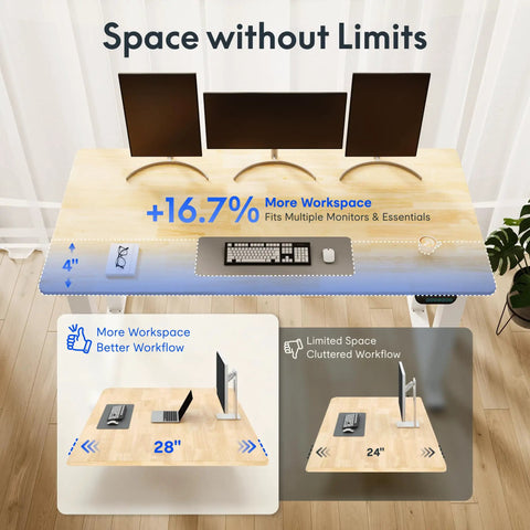 Premium Four Leg Height Adjustable Standing Desk With Natural Maple Surface And Rock Solid Anti Wobble Engineering For No Stress Home Office And Multi Monitor Setups showcasing workspace adaptability.