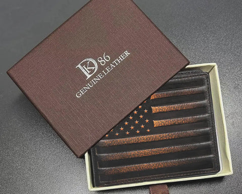 USA Flag Bifold Wallet For Men With RFID Blocking Full Grain Leather Hand Burnished Design in gift box