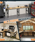 Adjustable Heavy Duty Workbench with Four AC Outlets and Two USB Ports, 2000 lbs capacity, rubber wood top in garage, office and workshop settings.