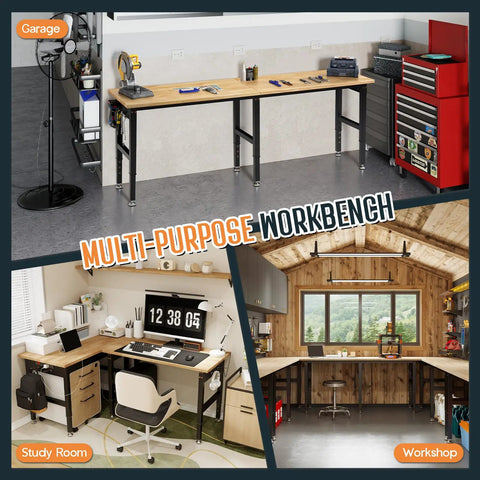 Adjustable Heavy Duty Workbench with Four AC Outlets and Two USB Ports, 2000 lbs capacity, rubber wood top in garage, office and workshop settings.