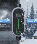 Type 2 Ev Charging Cable With Adjustable Amperage 6 To 32 Amps For Seven Point Two KW Home Wallboxes showing IP66 rating for harsh weather.