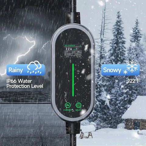 Type 2 Ev Charging Cable With Adjustable Amperage 6 To 32 Amps For Seven Point Two KW Home Wallboxes showing IP66 rating for harsh weather.