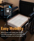 Premium Heavy Duty Disposable Underpads Sized At 17 X 24 Inches With Max Absorbency and Secure Adhesive Tape on wheelchair.