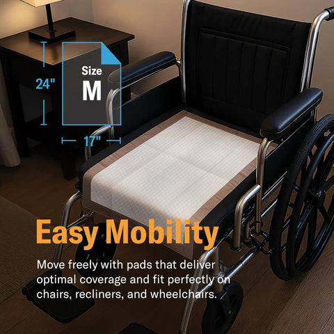 Premium Heavy Duty Disposable Underpads Sized At 17 X 24 Inches With Max Absorbency and Secure Adhesive Tape on wheelchair.