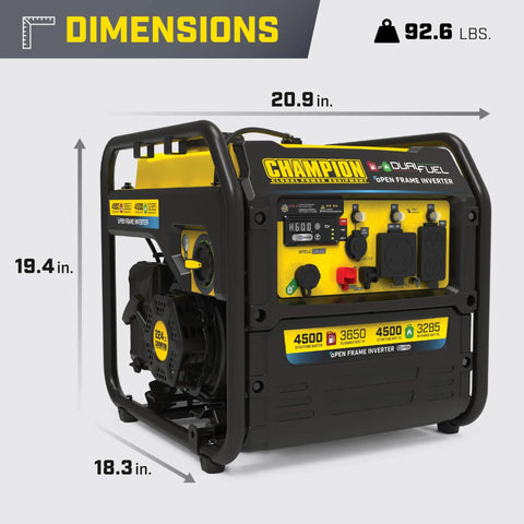 4500 Watt Dual Fuel Open Frame Inverter Generator with dimensions 19.4x20.9x18.3 inches, electric start, and 92.6 lbs