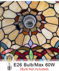 Close-up of Tiffany Style Stained Glass Pendant Light, 12 Inch Wide Cream Brown Victorian Hanging Lamp, bulb socket visible