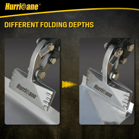 Offset hand seamer for roofing showcasing folding depths.