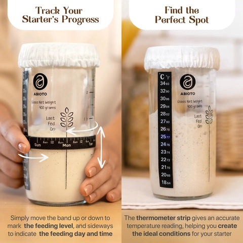 All In One Sourdough Bread Kit With 9 Inch Round Banneton Proofing Basket And 24 Oz Starter Jar, detail of starter jar with thermometer and feeding tracking band