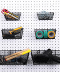 Six Piece Pegboard Basket Set Wall Mount Bins For Tools And Crafts In Black Three Sizes For Garage Workshop Slatwall Organization Durable Heavy Duty Construction Fits Standard Pegboard Hooks For Easy Access Tool Storage