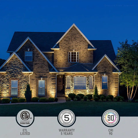 Eight Pack Dimmable LED Landscape Spotlights Outdoor Low Voltage 12 To 24V AC DC Wall Wash Lights 2W 5W 12W 180lm 450lm 900lm Aluminum IP65 Waterproof Warm White 3000K ETL Listed For Trees And Gardens lighting a house exterior at night.