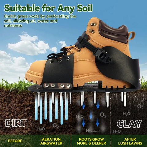 Lawn Aerator Shoes With 26 Spikes For Deep Soil Aeration attached to brown boots over soil, showing aeration process.