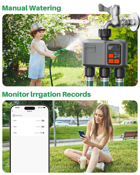 3 Zone WiFi Sprinkler Timer With 984 Ft Range And 3 Outlet Smart Water Timer for garden hoses, shown in use, controlling watering via app in garden.