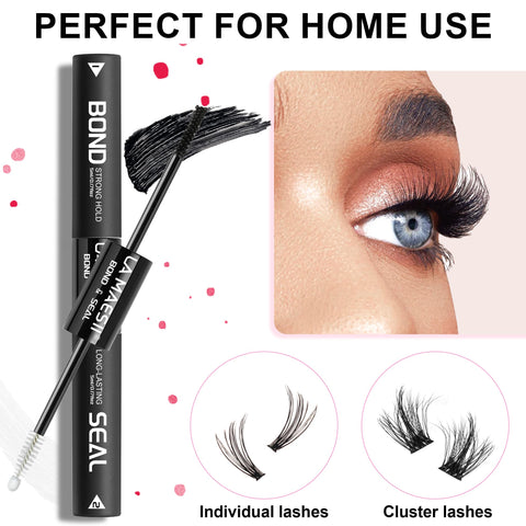 Waterproof Lash Bond And Seal Glue For Eyelash Clusters Black 72 Hour Hold Latex Free Dual Ended Adhesive 10ml with lash details.